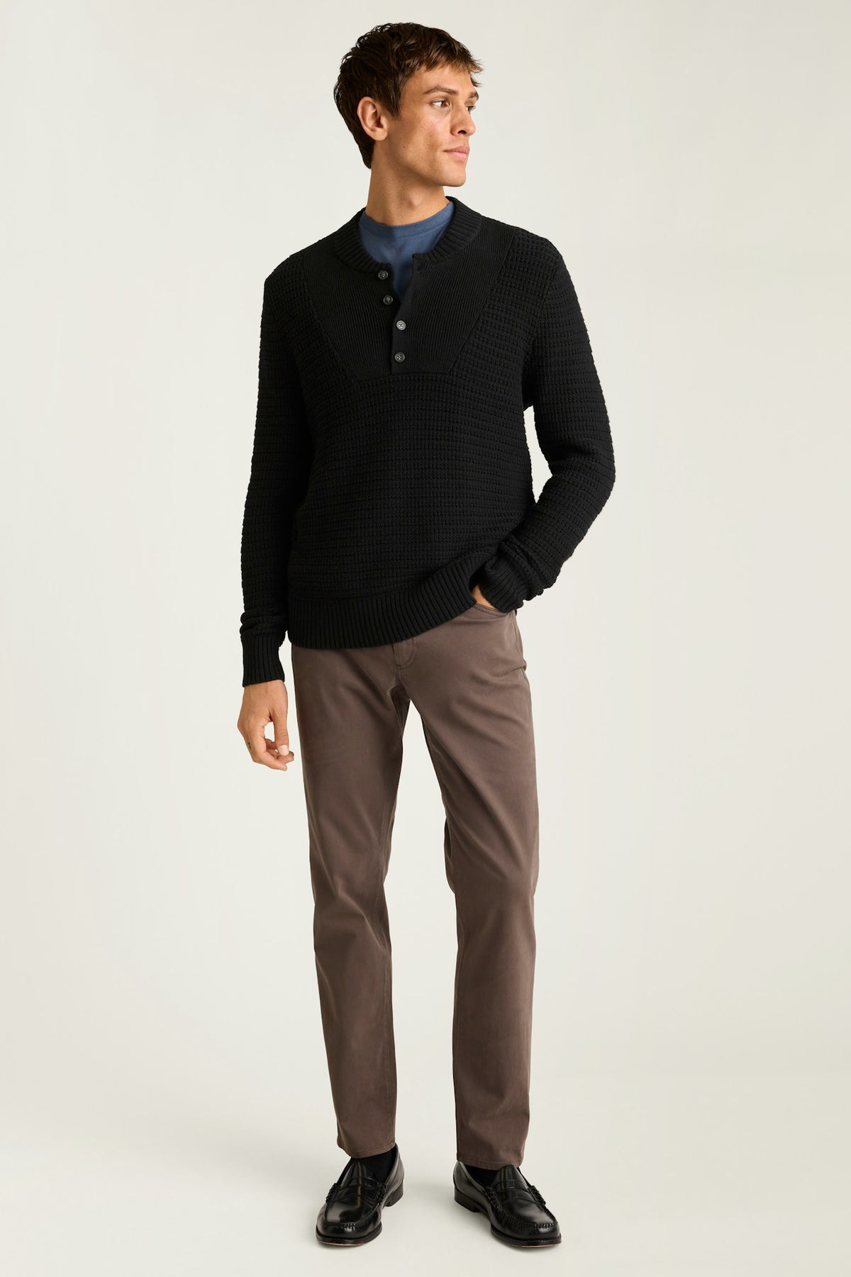 Cotton Cashmere Henley Sweater - black