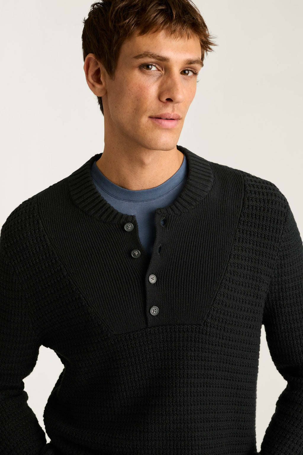 Cotton Cashmere Henley Sweater - black